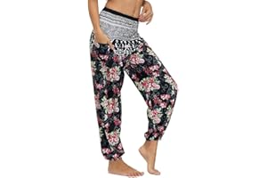 Nuofengkudu Femme Harem Pantalon Yoga Sarouel Legers Hippie Baggy Léger Ethnique Calqué Smockée Taille Haute avec Poches Été Plage