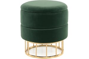 ‎QIYANO Qiyano Edina Hocker mit Stauraum Grün, Modern, Runder Polsterhocker mit Elegantem Metallgestell, Vielseitig Nutzbar, Komfortabel & Platzsparend