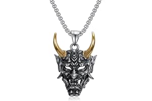 Gloryit 1 Pcs Collier Tête de Démon Homme, Collier Pendentif Diable Démon, Diable Pendentif Collier, Pendentif Diable avec Corne Bijoux Punk Style, Pendentif Diable en Acier Inoxydable(Doré, 60cm)