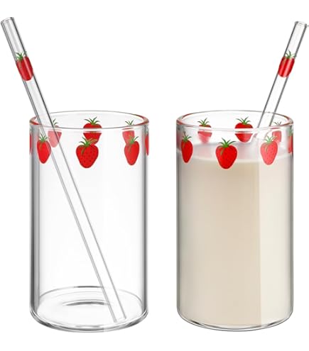 ERINGOGO Tazza Di Vetro Trasparente Di Fragola Set Di 2 Tazza Da Colazione Da 300 Ml Con Tazza Di Paglia Di Tè Acqua Di Caffè Contenitore Di Bevanda