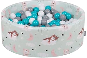 KiddyMoon Piscine À Balles 90X30cm/300 Balles ∅ 7Cm pour Bébé Rond Fabriqué en UE, Ours Dormant-Vert: Gris-Blanc-Turquoise