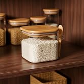 Deconox 600 ml Bambu Kapaklı ve Kaşıklı Kare Cam Kavanoz, Vakumlu Ahşap Kapaklı Baharatlık, Kendinden Kaşık Yuvalı Şeker, Kah