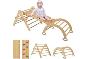 FUNLIO Set Triangolo Regolabili in Altezza, Arrampicata Montessori Pieghevole per Bambini da 2 a 5 Anni, Parco Giochi Bambini Interno 5 in 1 Regolabile con Arco/Scivolo/Roccia da Arrampicata/Triangolo