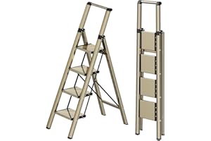 Ladnamy Escalera de 4 peldaños con pasamanos de Aluminio, Plegable, Ligera, para familias y cocinas, Capacidad de Carga máxima 150 kg (Dorado champán)