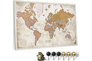 CANVASCALE Canvas World Map with Cork Pin Board - English Lettering - Decorative Wall Decoration for All Rooms - Canvas Pictures with World Map Motif (70x50 cm, Pattern 22)