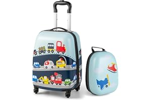 DREAMADE Valise Enfant 16" et Sac à Dos 12" avec Bandoulière réglable Bagage à Main avec 4 Roues Universelles,Poignée Télescopique,Motif Mignon Valise Portable Coloré Fille et Garçon (Avion+Voiture)