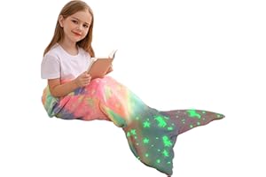 Viviland Kinder Meerjungfrau Schwanz Decke, Meerjungfrau Schwanz Decken leuchten in der Dunkelheit, Flanell Meerjungfrau Decke Geschenke für Mädchen, Mehrfarbiges Einhorn 43x100cm
