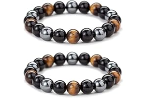 WANGENPING Trójkolorowa bransoletka z kamienia naturalnego – tygrysie oko, obsydian, czarny turmalin – potrójna ochrona dla kobiet, mężczyzn i przyjaciół (10 mm, 19 cm)