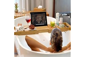 HUOLE Plateau de Bain en Bambou, Pont de Baignoire Extensible, Etagère à Baignoire de Salle de Bain avec Plateau de Rangement et Porte-Savon, Baignoire et Plateau de Lit, 75-109cm*23 * 4.5cm