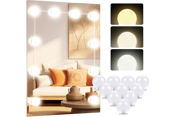 OSDUE Lumière de Miroir, 10 Ampoules Hollywood Kit de Lumière LED Dimmable Lampe, Dimmable Lampe pour Miroir Cosmétique Salle de Bain 3 Couleurs 9 Niveaux de Luminosité, USB Câble Réglable