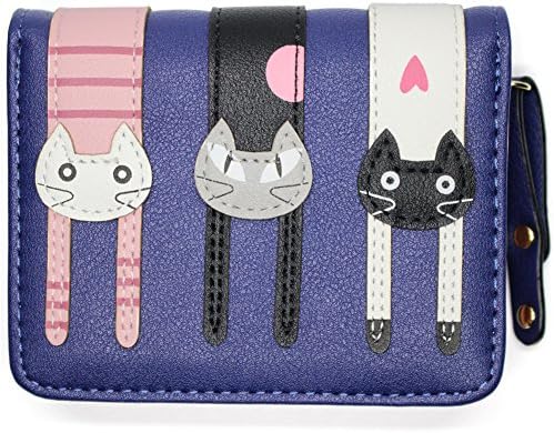 Women Leather Wallet Cute Cartoon Cat Small Purse (Navy blue)