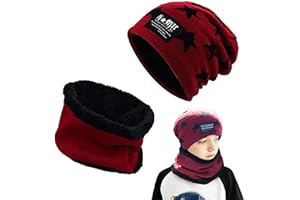 Amebleak Kinder Wintermütze und Schal Set, Winter Warm Beanie Mütze, Unisex Strickmütze mit Fleecefutter Mütze Schal, Wolle Strickmütze und Loop Schal für 6-14 Jahre Alt Jungen Mädchen