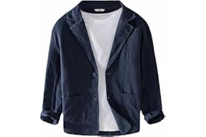 GIBZ Blazers de Lino para Primavera y Verano para Hombre Chaqueta de Traje Sencilla y Versátil con Solapa con Muescas Blazer Abrigo Deportivo de 2 Botones con Bolsillo