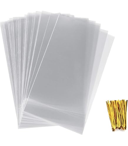 NPLUX Zellophantüten Transparent – 100 Stück Geschenktüten Mit Bindebändern | 15,2 X 25,4 Cm, Lebensmittelecht & Reißfest
