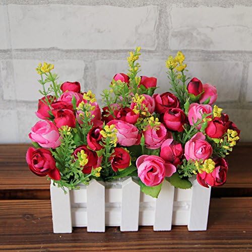 Jecxep 16cm Wooden Fence Idyllic Small Tea Bud Silk Flower Artificial Flowers Suit the Living Room Coffee Table Decoration Ornaments (Rose Red)