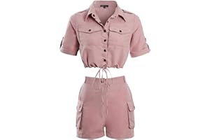 shelikes Womens Ladies Cargo Crop Top Shorts Co ord Festival Tie Front Pocket Set