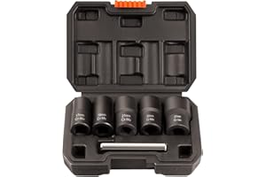 THINKWORK 6Pcs Locking Wheel Nut Removal Tool, 1/2” Drive Twist Socket Set Lug Nut Remover Extractor Tool for Removing Damaged, Rusted, Rounded-Off Bolts, Nuts 17mm 19mm 21mm 22mm 27mm with Steel Bar