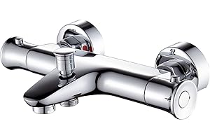kisimixer Mitigeur Baignoire Thermostatique avec Bouton de SéCurité 38 °C,Mitigeur Thermostatique Bain et Douche en laiton,Robinet Thermostatique pour Baignoire 2 sorties d'eau,Chromé Moderne