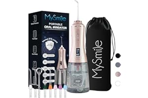 MySmile Hydropulseur dentaire sans fil puissant avec 5 modes d'affichage OLED, 8 embouts de jet remplaçables et réservoir d'eau amovible de 350 ml pour une utilisation à domicile (Or Rose)