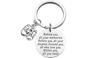FEELMEM Llavero de regalo de teatro dramático para estudiantes de graduación, llavero detrás de ti todos los recuerdos antes de ti todos tus sueños, joyería inspiradora de teatro para ella, él, actor