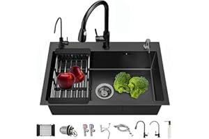 FGNIXLN Lavello da cucina nero opaco, 304 lavello da cucina in acciaio inox, 80 x 50 cm, lavello da incasso con rubinetto, dispenser di sapone/rubinetto (80 x 50 cm)