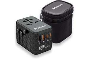 Verbatim GaN uniwersalny adapter podróżny UTA‑05 65 W, z 2 portami USB‑A i 2 portami USB-C, szybka ładowarka do laptopa, telefonu komórkowego, aparatu fotograficznego i innych urządzeń przenośnych,