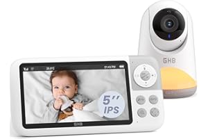 GHB Camara Vigilancia Bebe 5" 720P HD IPS Rotación de 350° Vigilabebes con Camara con Luz Nocturna Ajustable Soporta 4 Cámaras Comunicación Bidireccional Escucha Bebes