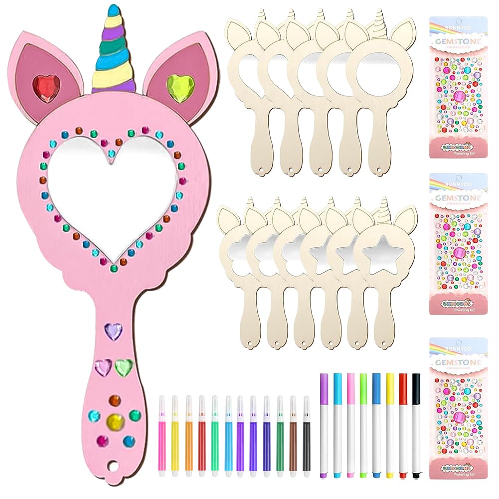 Ainiv 12 Stuks Eenhoorn-Knutselset, Houten Spiegel om Beschilderen Kinderen | voor Doe-Het-Zelf, Mini-Prinsessenspiegel, Knutselspiegel voor Creatieve Kinderen