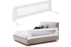 LIFEZEAL Barandilla de Cuna Plegable con Correas, Barrera de Seguridad Infantil rellena de algodón, protección anticaída de Cuna de Tejido Oxford, 152x34x42cm (Blanco)