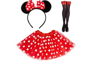Ansamy Conjunto de 3 Disfraz de Mouse Mujer, Diadema con Orejas de Ratón, Tutú Ballet Punteado Blanco, Medias con Lazos Rojos, Cosply Accesorio de Disfraz para Halloween Carnaval