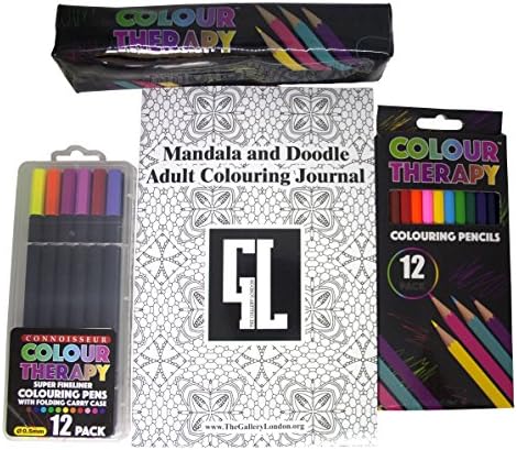 Mandala &amp; Doodle Adult Colouring Journal, Colour Therapy Felt Pens, Crayons and Pencil Case Set
