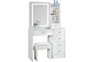Umeiga Vanity Desk with LED Lights, 35inch White Makeup Vanity Table with 3 Drawers - Dressing Table Set with Mirror 3 Lighting Color Adjustable