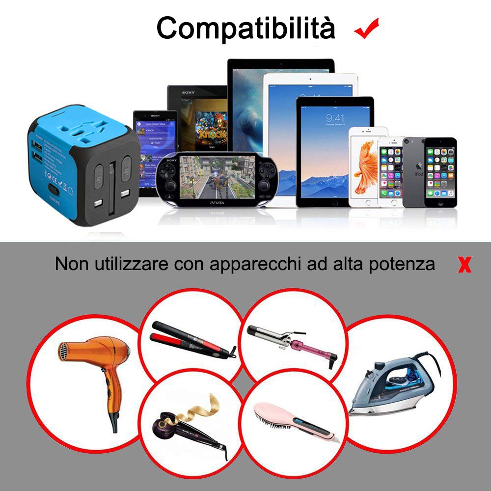 Adattatore da Viaggio con 2 USB 3.0 (US/EU/UK/AU) Adattatore Universale da Viaggio con due fusibile (fusibile di… - immagine 7