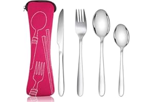 Acehome Cutlery Set with Portable Pouch Case, Stainless Steel Flatware Camping Utensil Set with Neoprene Bag for Outdoor Travel Picnic Office School Lunch Box (4 Pcs Rose Red)