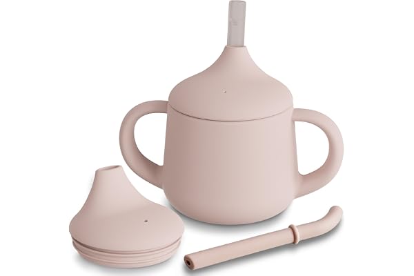 Moonkie Verre Bébé Apprentissage Anti Fuite 120ml, Tasse d’Apprentissage Bébé 3-en-1 en Silicone (Paille, Bec, Tasse Ouverte), Gourde avec Poignées, Compatible Lave-Vaisselle(Blush)