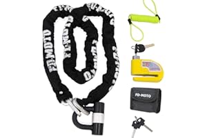 FD-MOTO 1.8M*10mm 4KG Steel Motorcycle Chain Lock Padlock + 110dB Yellow Alarmed Motorbike Brake Disc Lock + 1.5M Cable