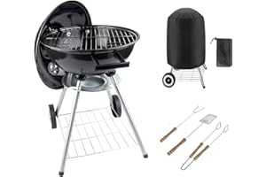 HOMION BBQ Grill Patio Portable Charcoal Kettle BBQ Garden Camping Caravan Outdoor Barbecue With Cooking Utensils Tools & Cover heels Stand Ball Rounded Bbq on wheels Black 43.5 cm Stainless Steel