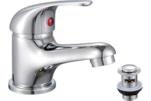 KINGBATH™ Single Lever Mini Mono Basin Mixer Tap ECO with Click Clack Sprung Waste Bathroom Sink Hot and Cold Cloakroom Faucet Solid Brass Modern Chrome Plated Easy to Fit/Install