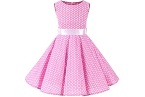 IMEKIS Ragazze Vestito da Festa Vintage Anni '50 Vestito da Cerimonia Nuziale A Pois con Stampa Floreale Abito in Stile retrò Abito da Compleanno Senza Maniche Abito Estivo Casual con Cintura