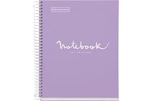 Miquelrius - Taccuino A5 Emozioni, 120 Fogli 90 g/m², Strisce Orizzontali da 7 mm, 5 Strisce Colorate, Spirale Microperforata, Copertina Rigida, 2 Fori, Colore Lavanda