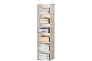 YOUDENOVA Organizer Armadio da Appendere, Portatutto da Appendere con 6 Scomparti con 2 compartiment Laterali, Portatutto Armadio Divisori Interno, Salvaspazio Organizzatore Armadio Scaffale Beige