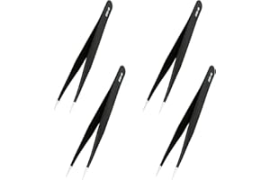 AOJE LINK-ELECTRIC Aoje-Link ESD-10 Professional Anti-Static Precision Technology Tweezers, Non-Magnetic Straight Pointed Tip, Stainless Steel Plastic Coated, Full Length 120mm, Black, 4pcs