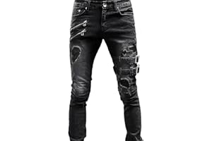 Beokeuioe Jeans da motociclista, pantaloni gotici, slim fit, jeans stretti, tasche multiple, da uomo, punk, colore nero, blu, da motociclista