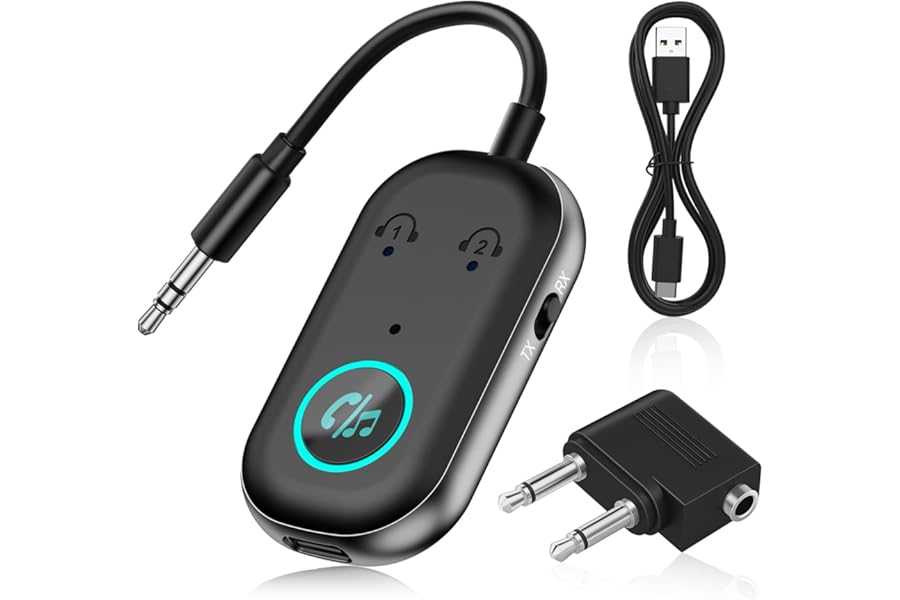 Bluetooth 5.3 Transmitter Receiver, 2 in 1 Airplane Bluetooth Adapter Compatible with 2 AirPods & Wireless Headphones for TV, 3.5mm Jack Audio Transmitter for TV,for T-V/Airplane/Headphone/Airpods/Car