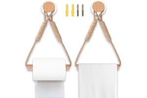Zaxiva Portarotolo Carta Igienica da Parete in Legno e Corda, Senza Foratura, Set di 2 Pezzi Porta Asciugamani Bagno, Accessori da Bagno in Stile Industriale con Autoadesiva Agganciare