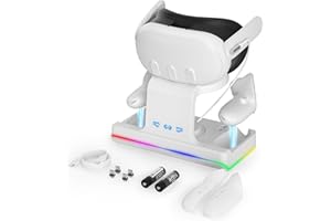 OKESYO Station de charge pour Oculus/Meta Quest 3 - Accessoire pour station de charge Meta Quest 3 avec lumière LED - Chargement du casque VR et de la manette en même temps - Prise en charge Elite