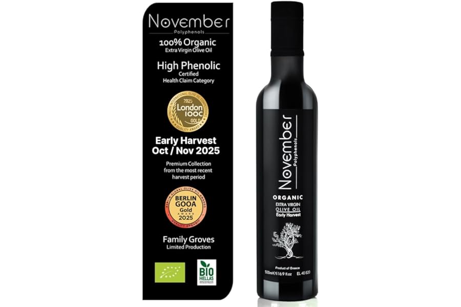 November Polyphenols Olive Oil Extra Virgin - Organic High Phenolic EVOO – Early Harvest – Lab Certified +1200mg/kg High Polyphenol – Cold Pressed Extra Virgin – Greek – 500ml Bottle