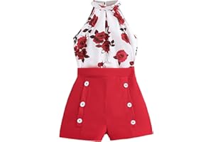 SoLu DAY8 Ensemble Ete Enfant Fille 3-12 Ans Tailleur Short Et Haut Top col Halter Sans Manches Ado Fille Chic Et élégant Fluide à Floral La Mode Pas Cher Confortable Casual Sport Plage