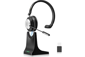 Wantek Casque Bluetooth Mono avec Micro Réduction de Bruit AI pour Bureau/Téléconférence (PC/Smartphone/Teams/Zoom) – Base de Charge & Dongle USB Inclus