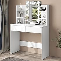 Tavolo Toeletta Con Luci LED Hollywood - Specchio, Sgabello E 7 Cassetti, Legno Moderno 100x40x140 Cm - Foto 3